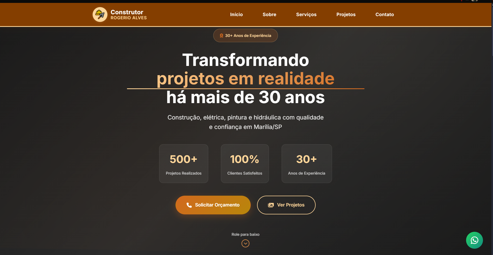 Site profissional Rogério Alves Construtor - Desenvolvimento web em Marília com HTML5, CSS3 e JavaScript