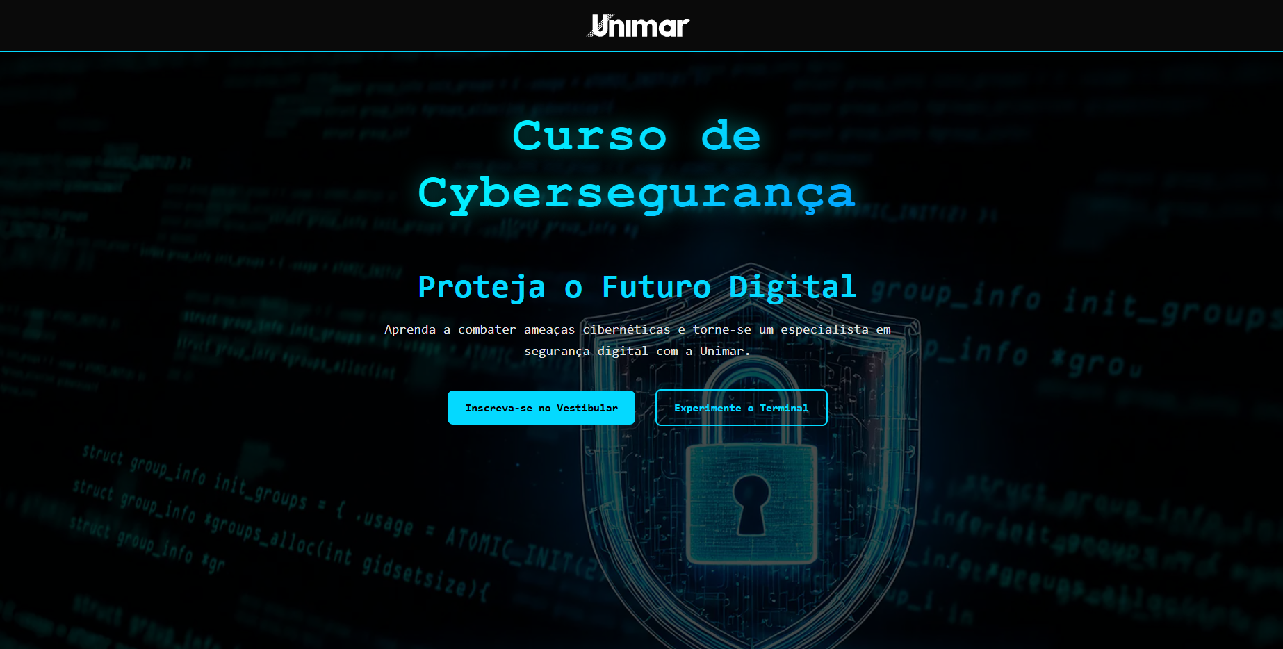Site Cybersegurança Unimar - Site interativo com terminal JavaScript - HTML5, CSS3, JavaScript