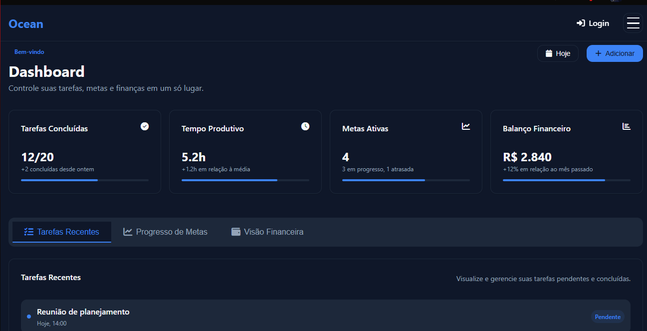 Ocean - Sistema de gestão de tarefas e finanças - Desenvolvido com HTML5, CSS3 e JavaScript